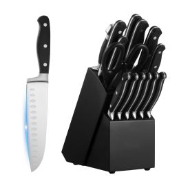 Kitchen Knife Set with Block and Sharpener, 15 Piece High Carbon Stainless Steel Sharp Knife Set, Kitchen Cutlery with Crack-Resistant Handle