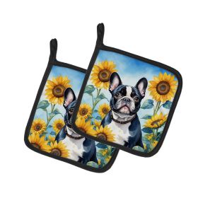 French Bulldog in Sunflowers Pair of Pot Holders Kitchen Heat Resistant Pot Holders Sets Oven Hot Pads for Cooking Baking BBQ, 7 1/2 x 7 1/2