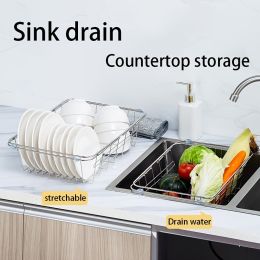 1pc Drain Rack; Drain Basket; Stainless Steel Kitchen Basket; Home Utensil Holder; Sink Basket; Retractable Sink Rack Suitable For Rectangular Si (size: L)